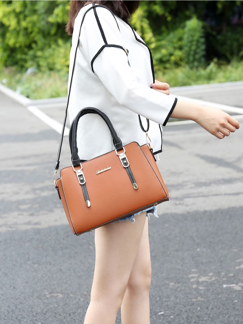 3pcs Metal Letter Decor Satchel Bag With Purse