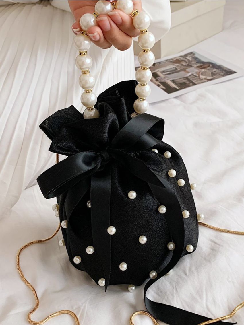 Mini Faux Pearl & Rhinestone Decor Bucket Bag