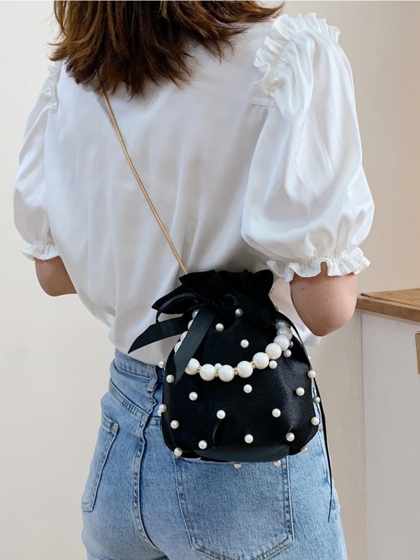 Mini Faux Pearl & Rhinestone Decor Bucket Bag