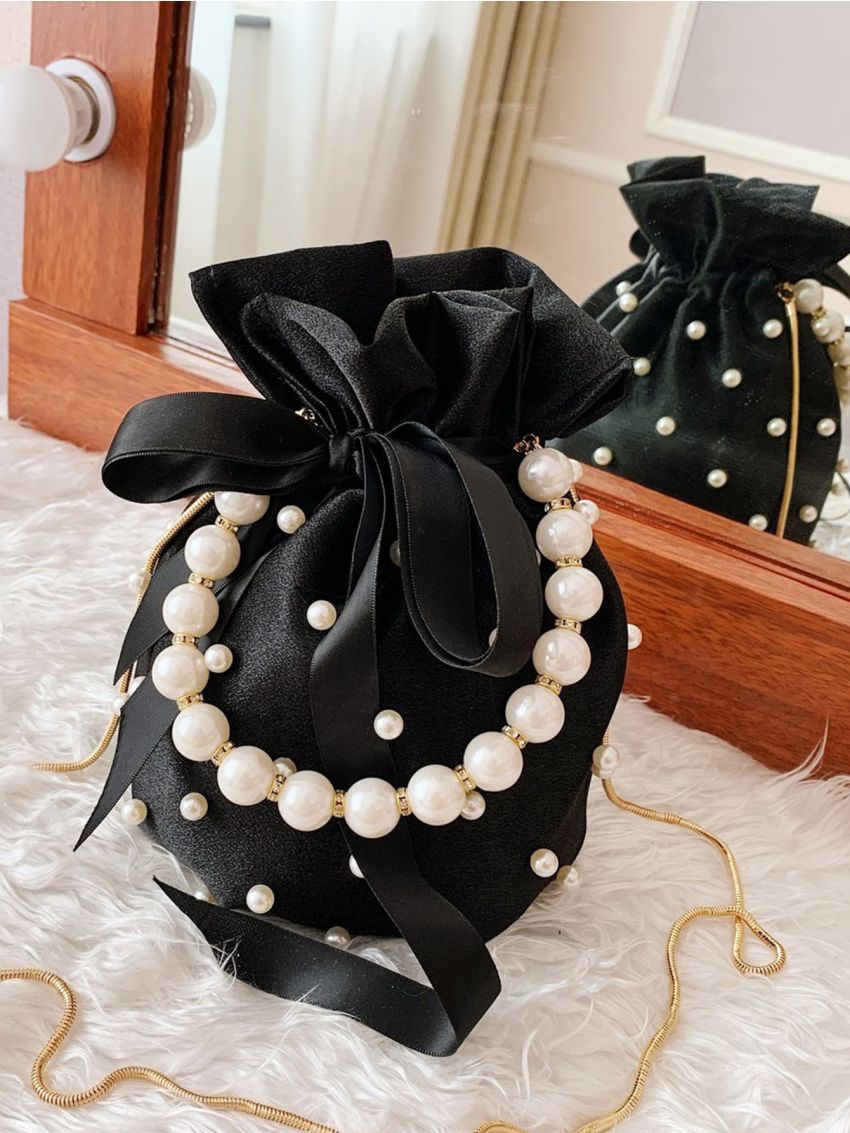 Mini Faux Pearl & Rhinestone Decor Bucket Bag