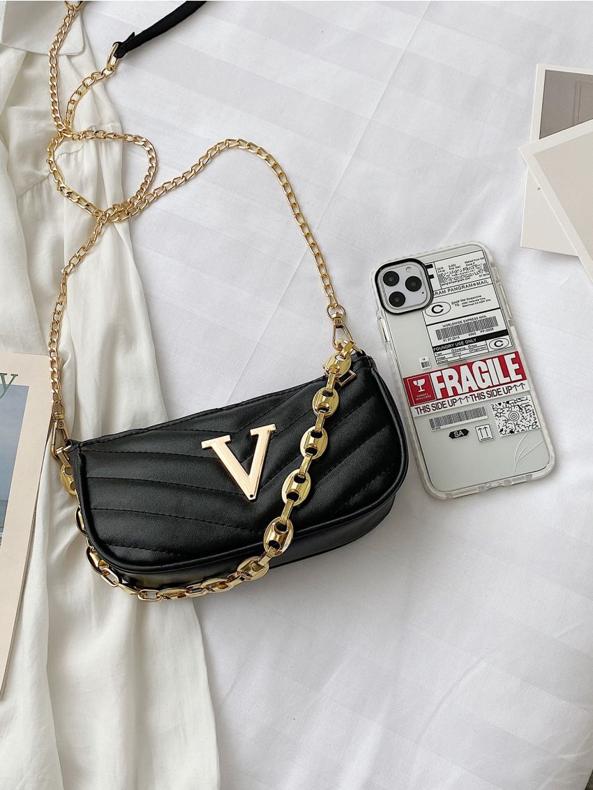 Mini Metal V Decor Chevron Baguette Bag