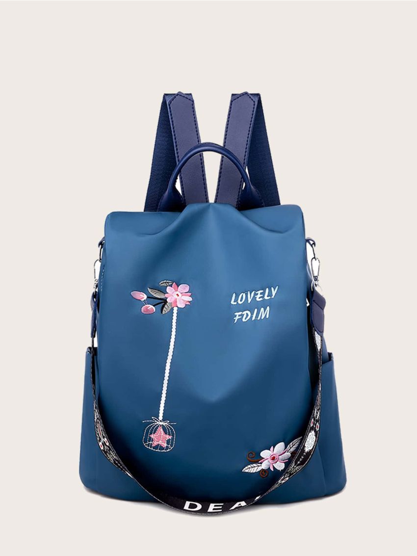 Letter & Floral Embroidery Large Capacity Backpack