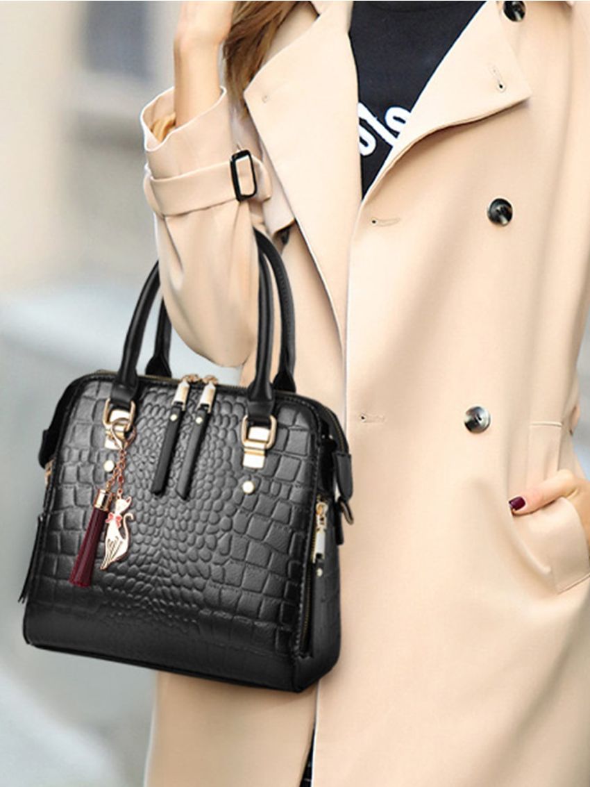 Croc Embossed Double Handle Satchel Bag