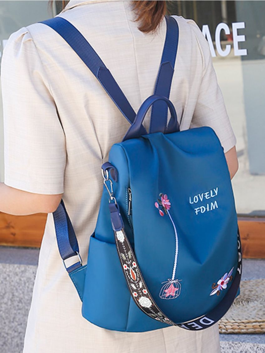 Letter & Floral Embroidery Large Capacity Backpack