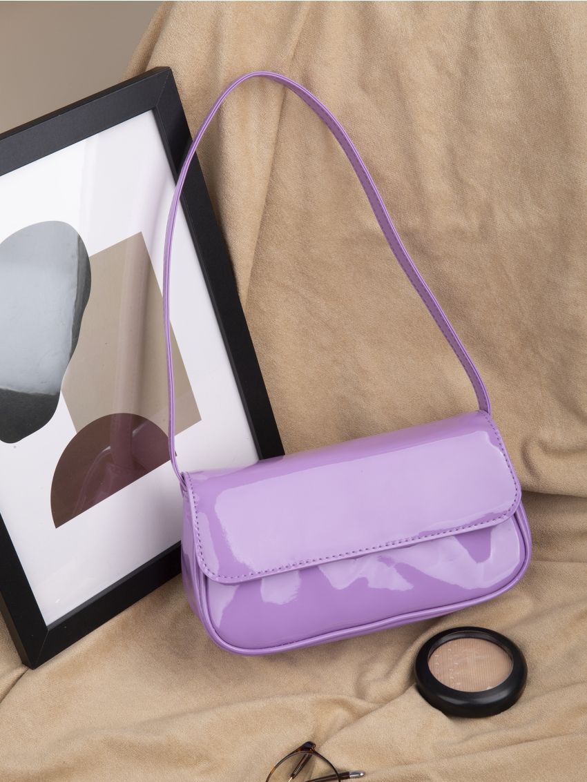 Artificial Patent Leather Flap Baguette Bag