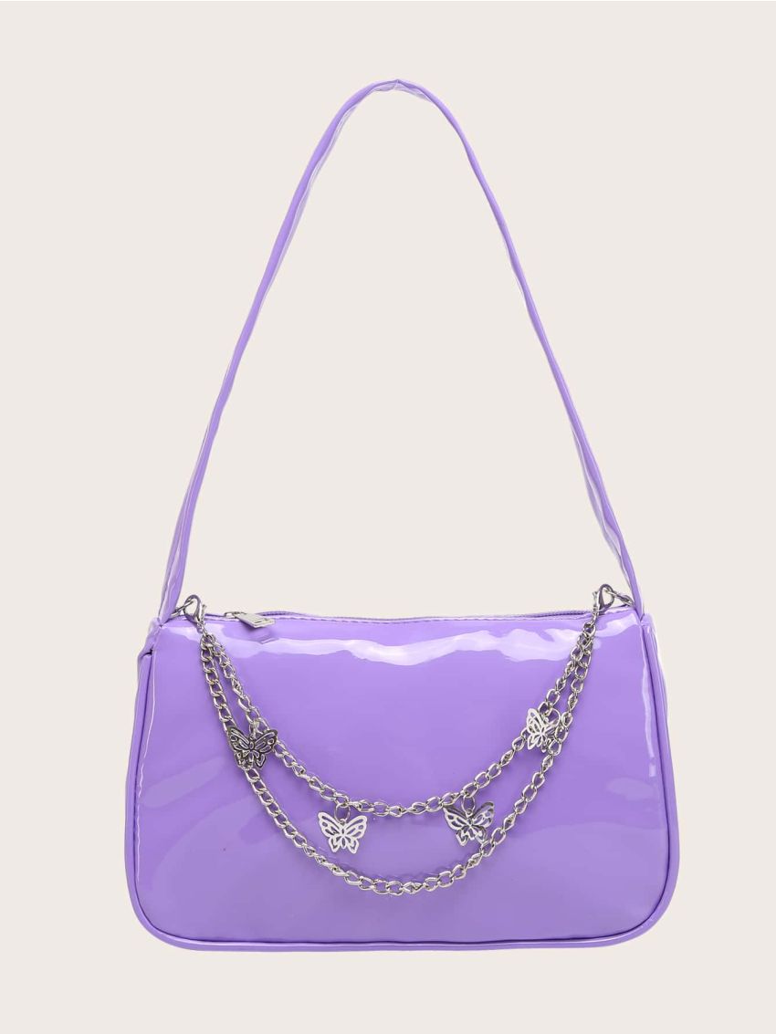 Mini Metal Butterfly & Chain Decor Baguette Bag