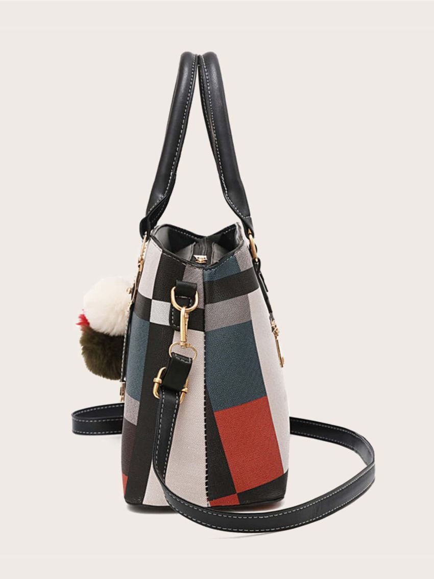 Colorblock Satchel Bag With Pom Pom