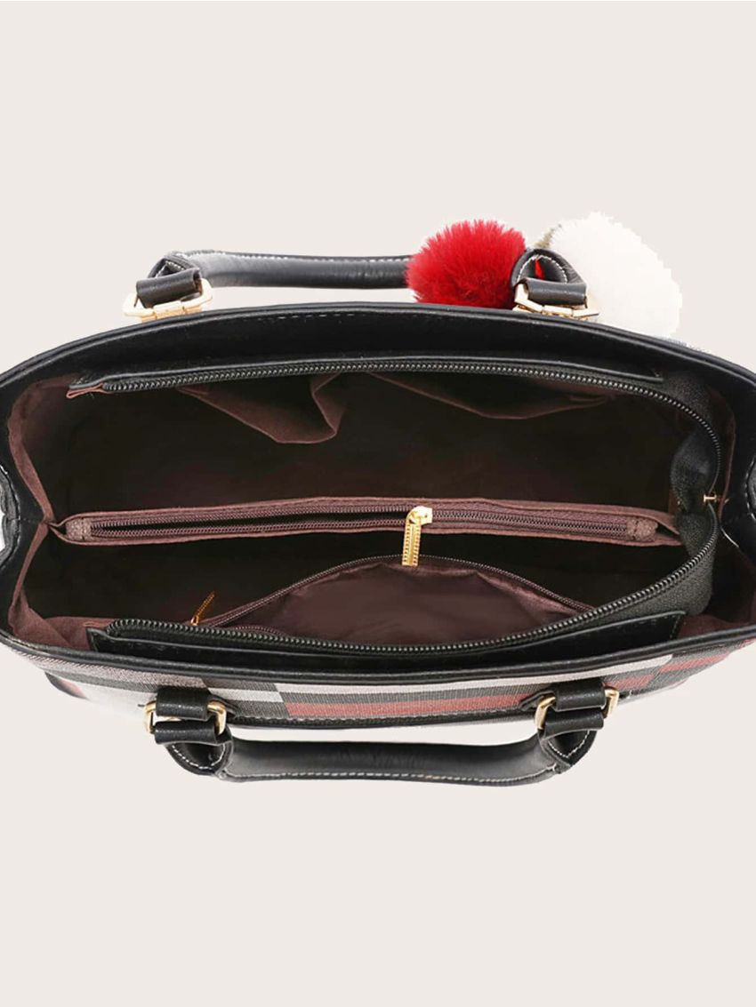 Colorblock Satchel Bag With Pom Pom