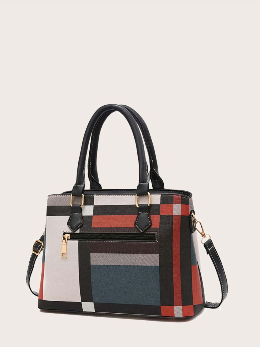 Colorblock Satchel Bag With Pom Pom