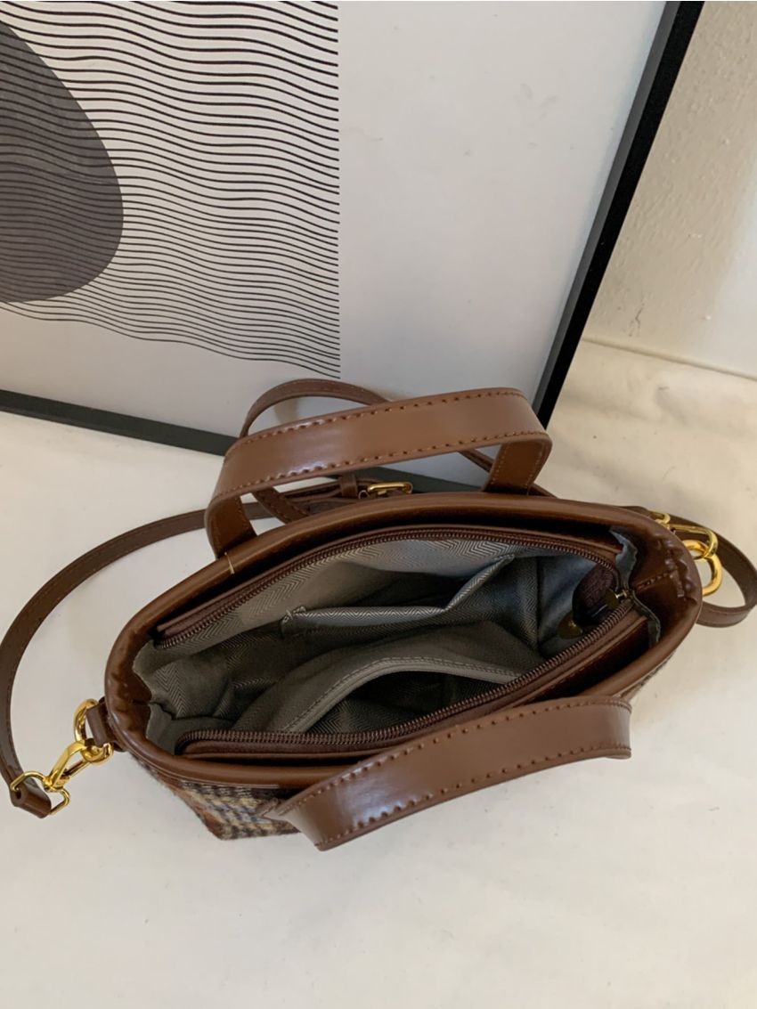 Colorblock Plaid Tweed Bucket Bag With Pom Pom Charm