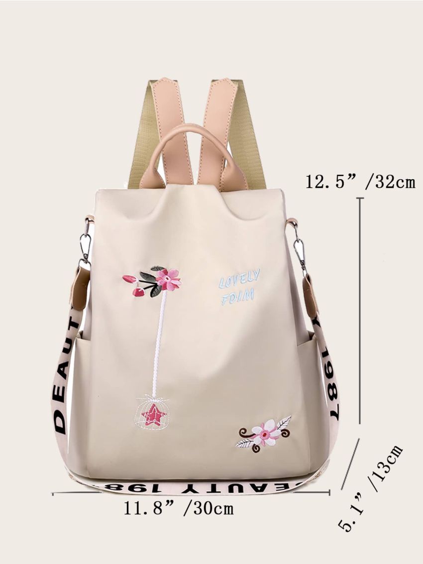 Letter & Floral Embroidery Large Capacity Backpack