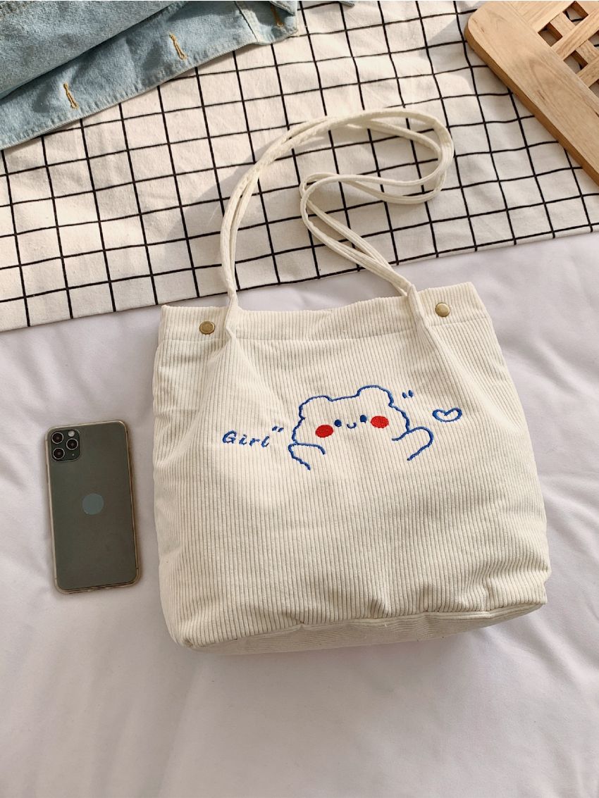 Cartoon Graphic Corduroy Shoulder Tote Bag