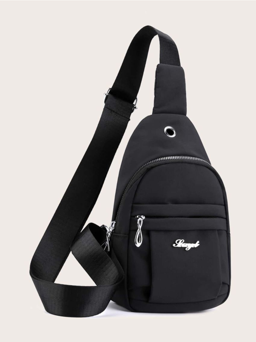 Mini Metal Letter Decor Zipper Front Sling Bag