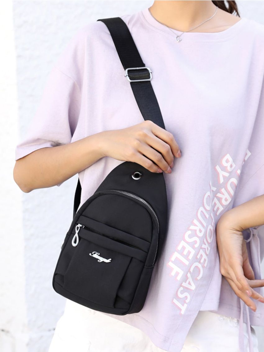 Mini Metal Letter Decor Zipper Front Sling Bag