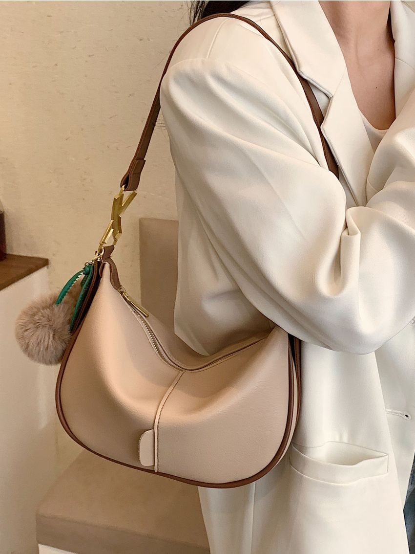 Pom Pom Decor Contrast Binding Baguette Bag