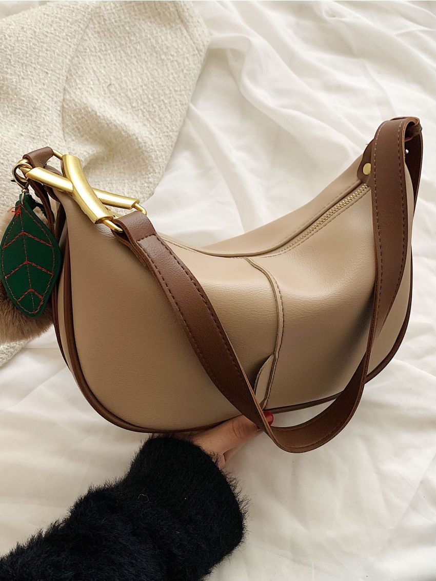 Pom Pom Decor Contrast Binding Baguette Bag