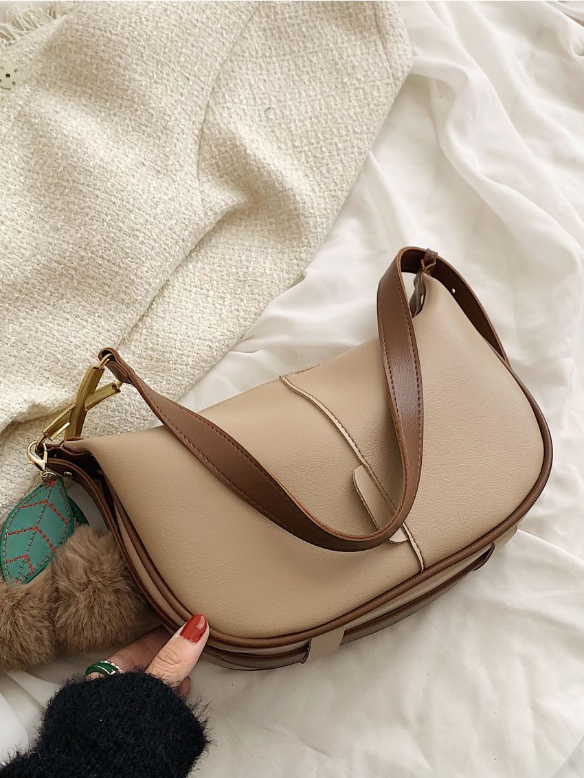 Pom Pom Decor Contrast Binding Baguette Bag