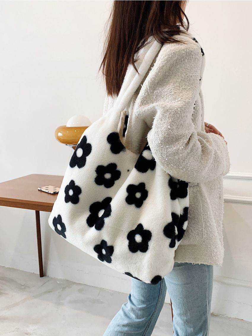Fluffy Floral Shoulder Tote Bag