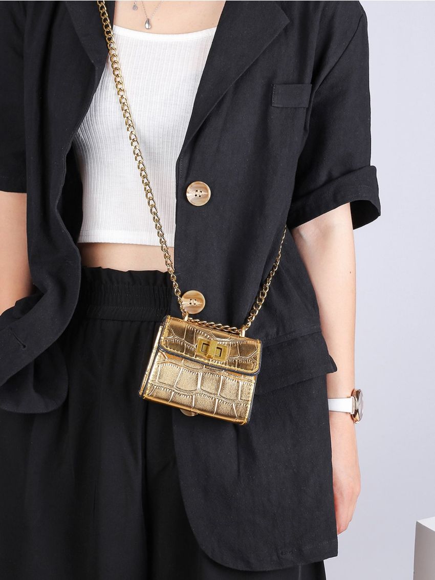 Mini Metallic Croc Embossed Crossbody Bag