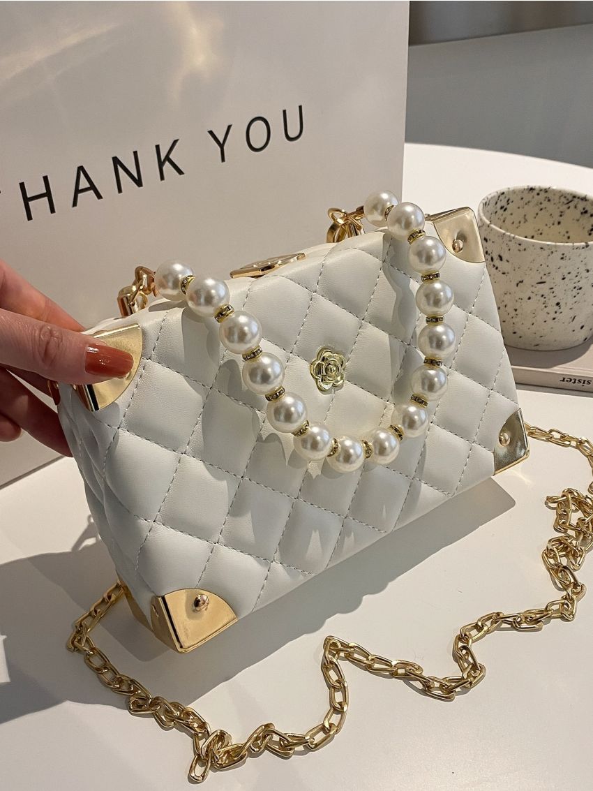 Mini Faux Pearl Decor Quilted Box Bag