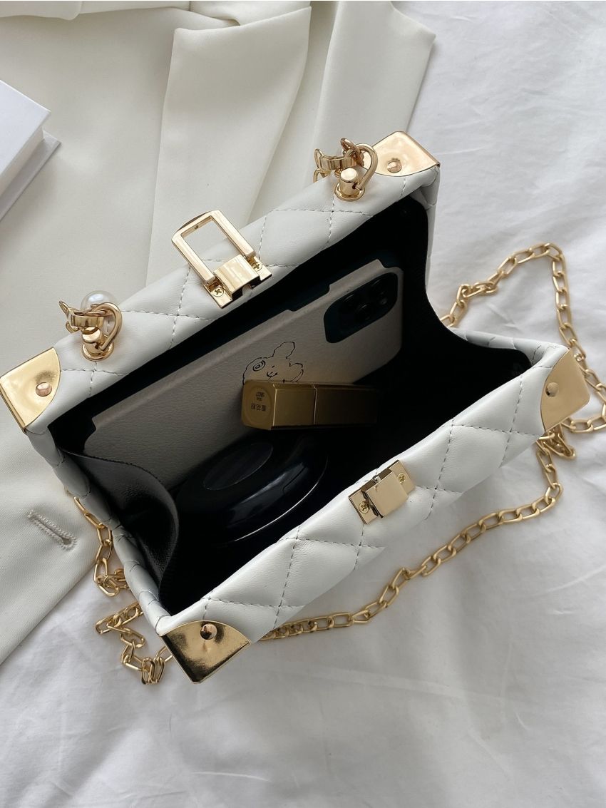 Mini Faux Pearl Decor Quilted Box Bag
