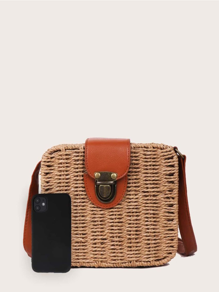 Mini Push Lock Straw Crossbody Bag
