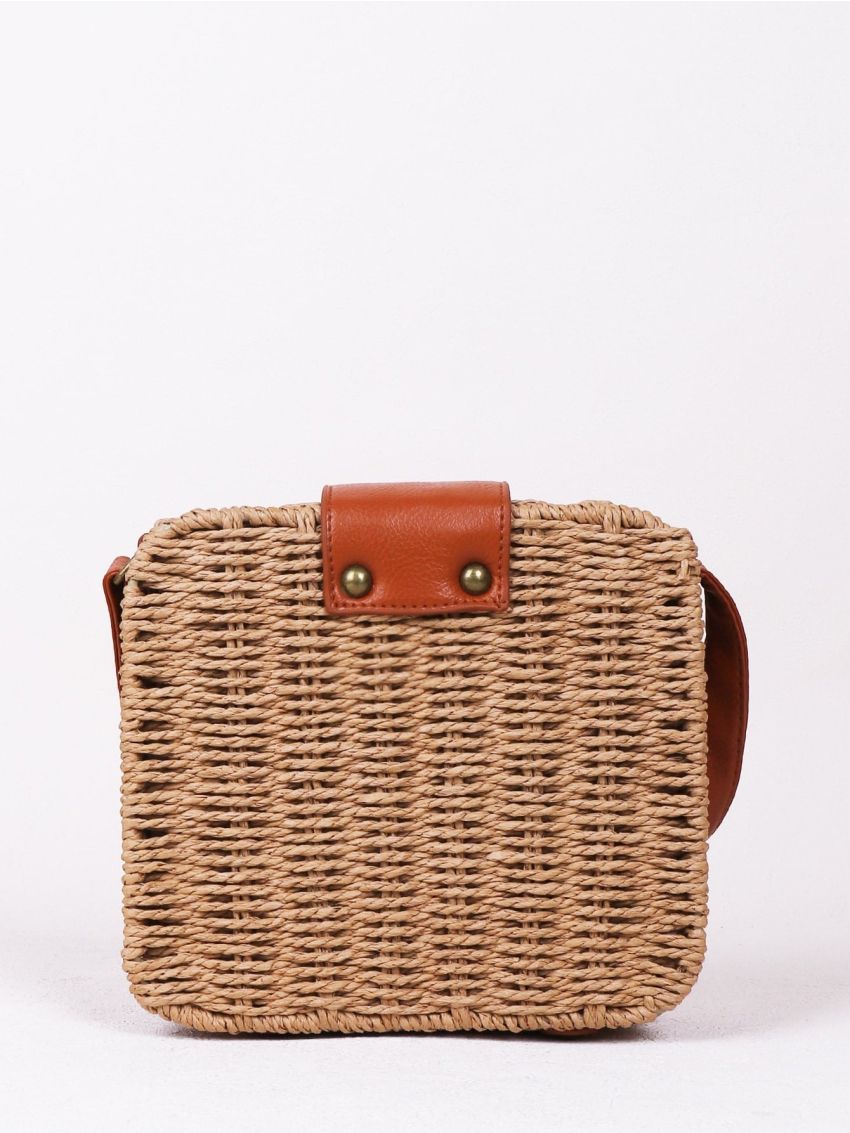 Mini Push Lock Straw Crossbody Bag