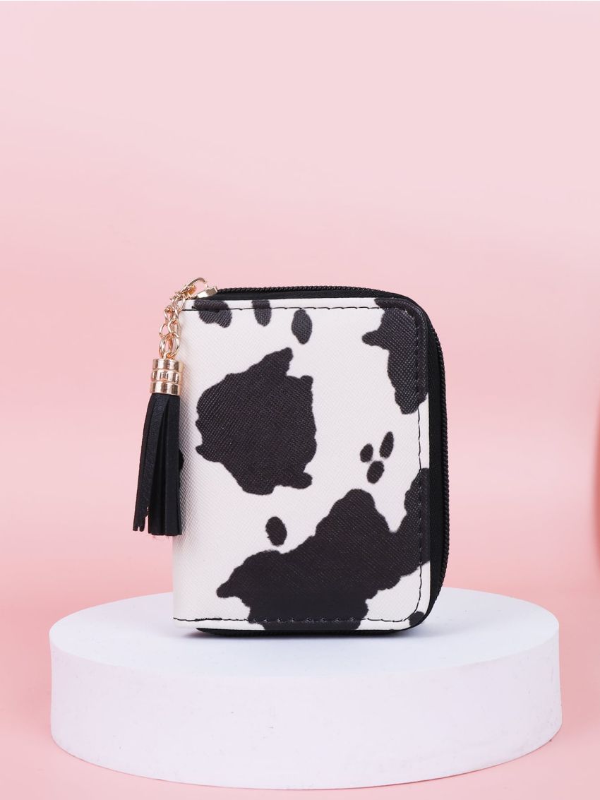 Tassel Charm Cow Print Small Wallet