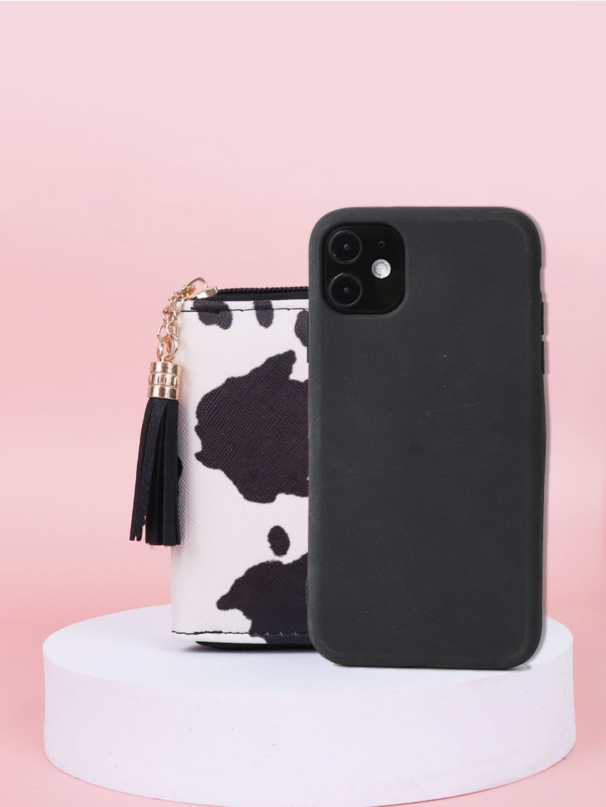 Tassel Charm Cow Print Small Wallet