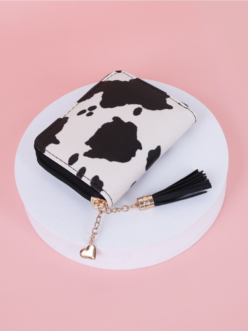 Tassel Charm Cow Print Small Wallet