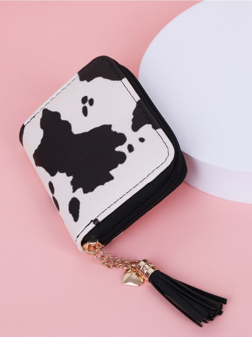 Tassel Charm Cow Print Small Wallet