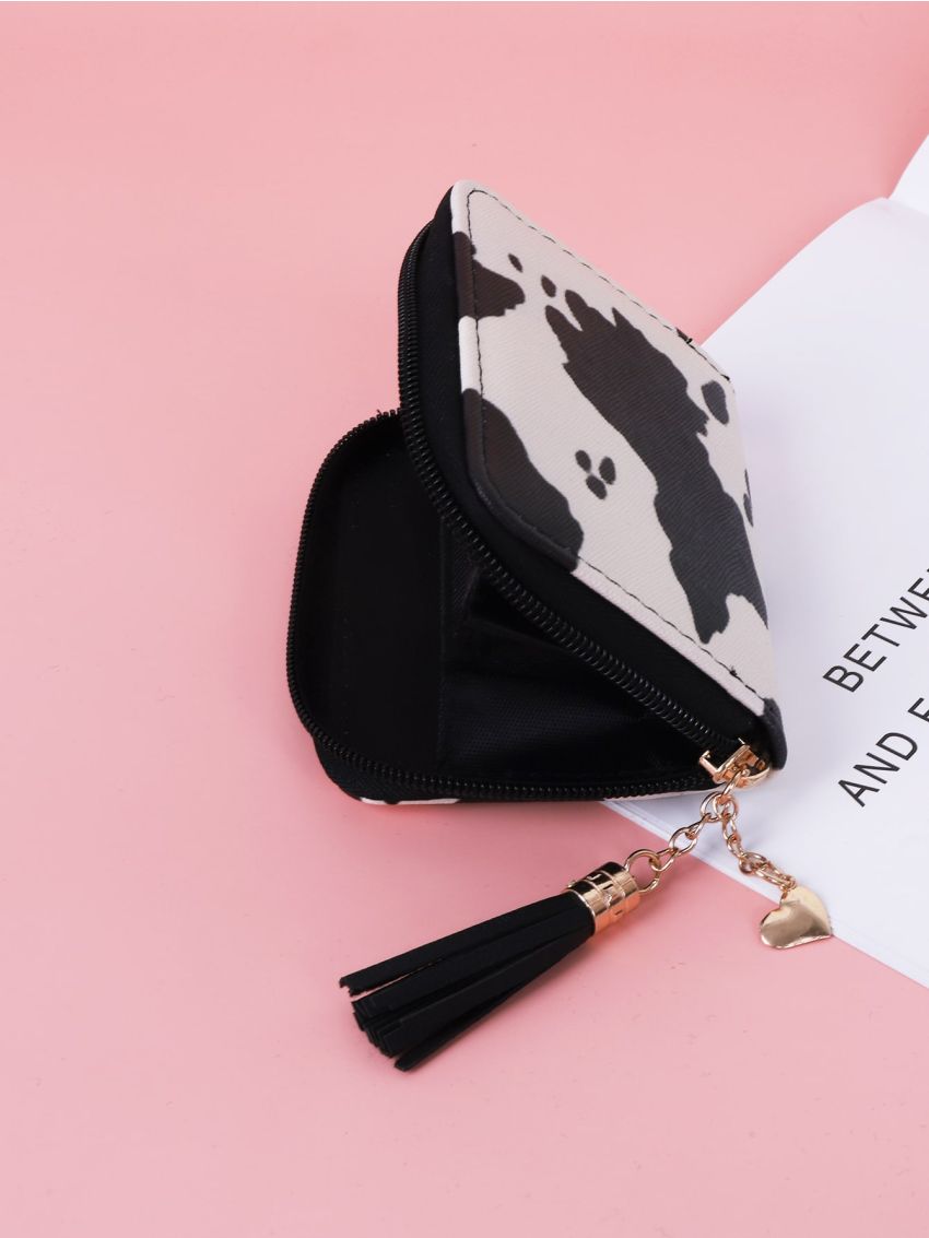 Tassel Charm Cow Print Small Wallet