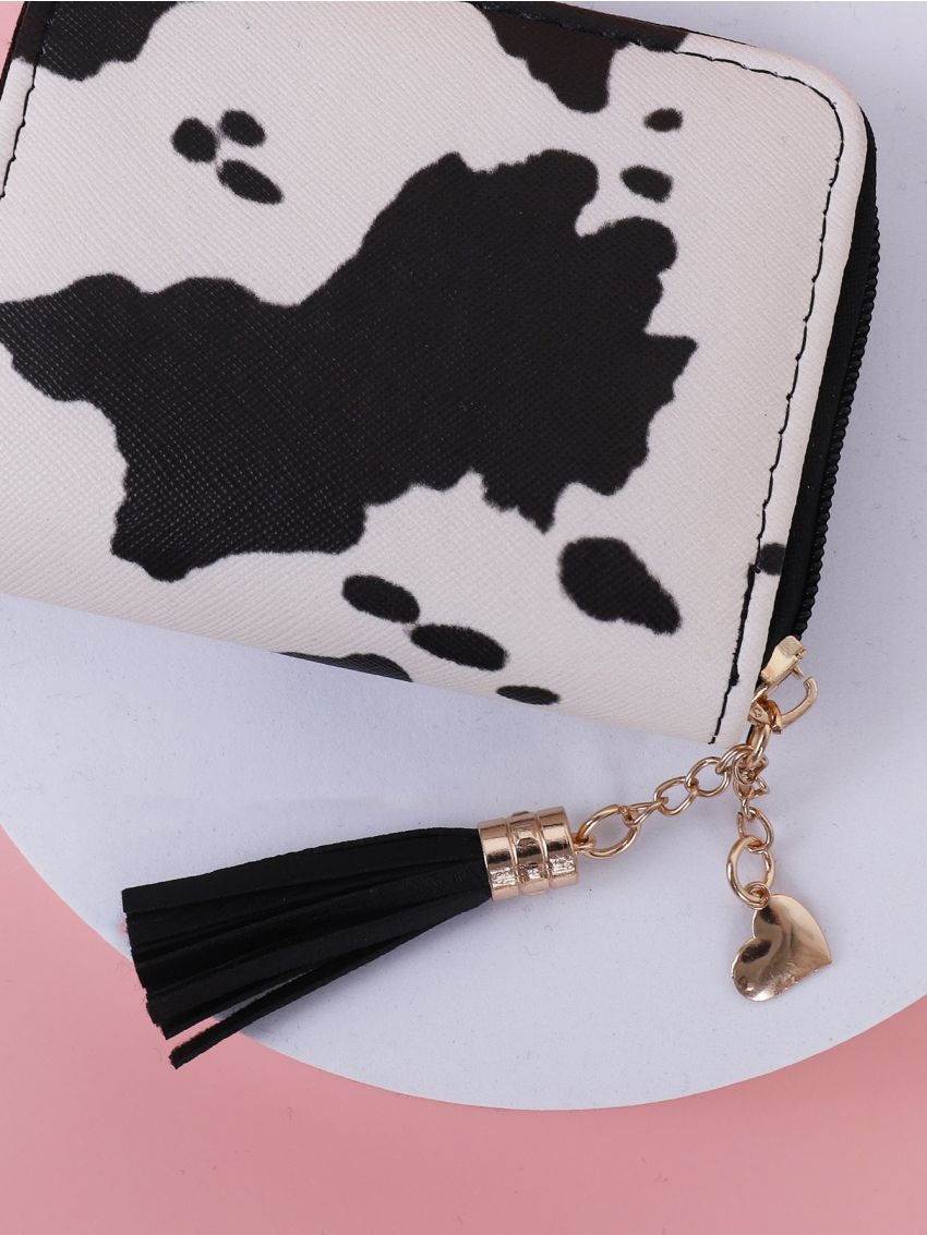 Tassel Charm Cow Print Small Wallet