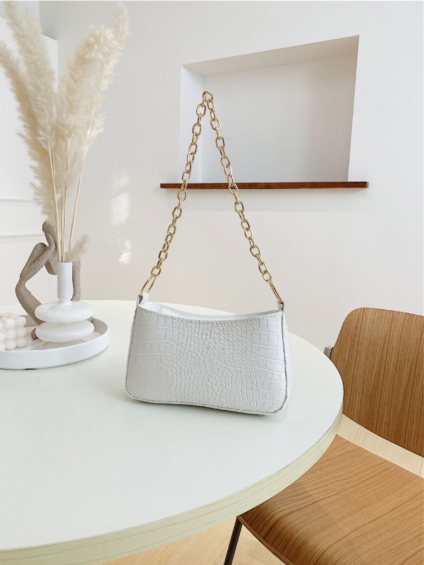 Mini Metal Chain Crocodile Embossed Baguette Bag
