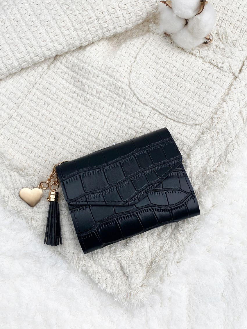 Tassel Decor Crocodile Embossed Small Wallet