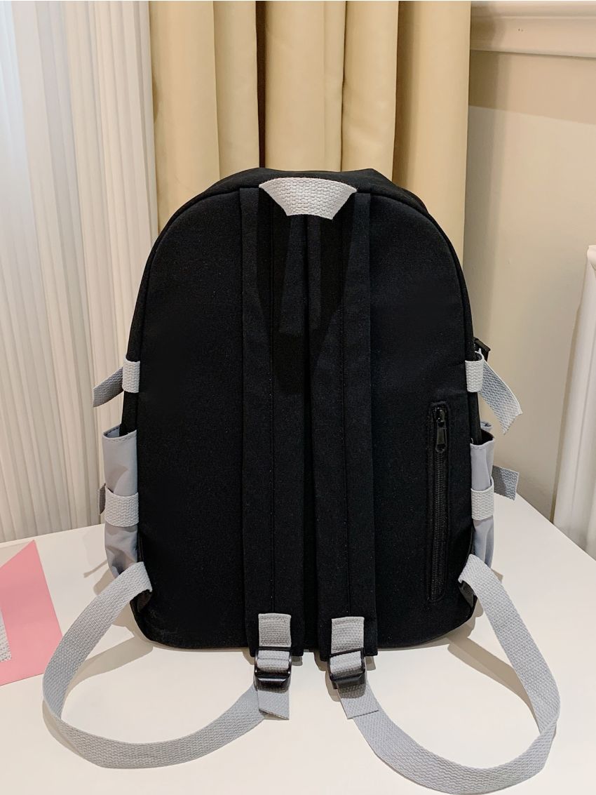 Buckle Decor Letter Graphic Colorblock Backpack