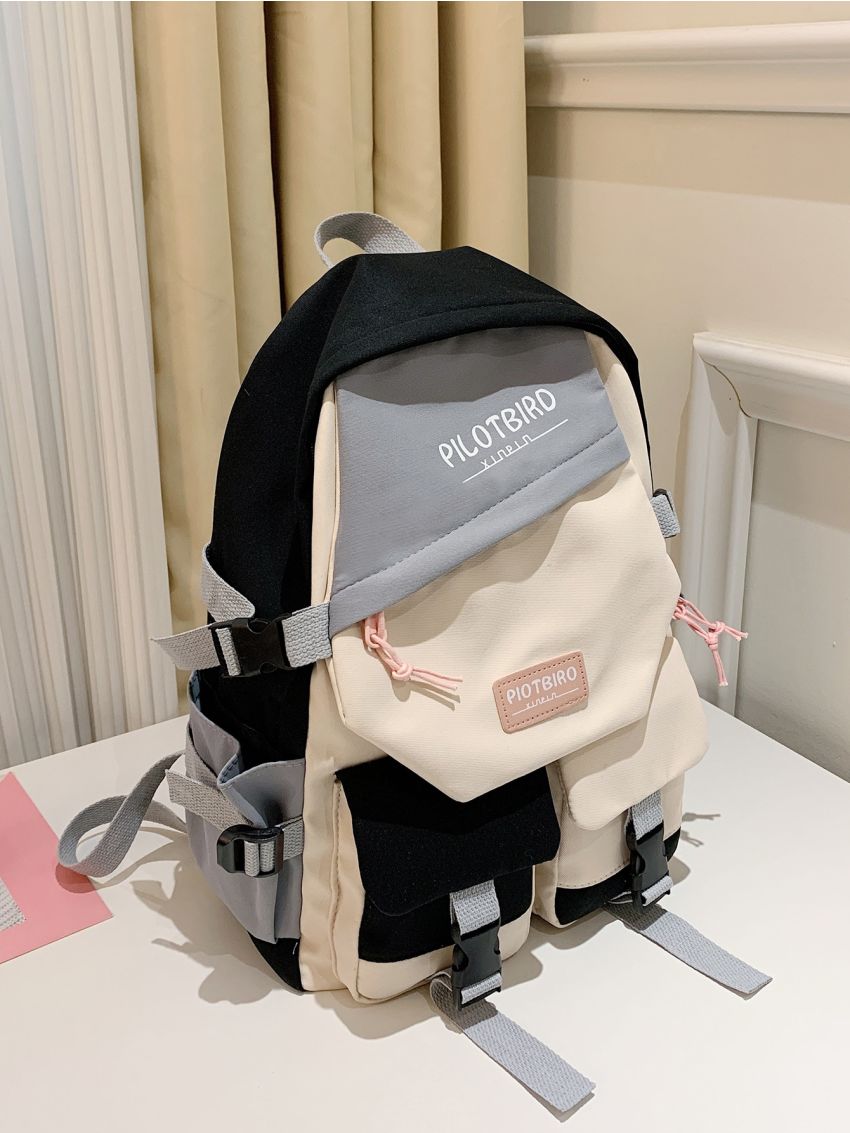 Buckle Decor Letter Graphic Colorblock Backpack