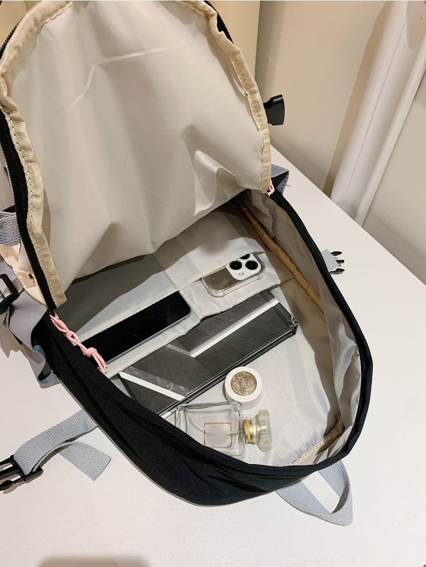 Buckle Decor Letter Graphic Colorblock Backpack