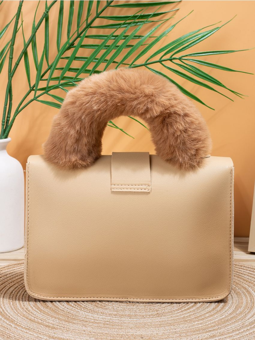 Fluffy Handle Design Turn Lock Square Bag