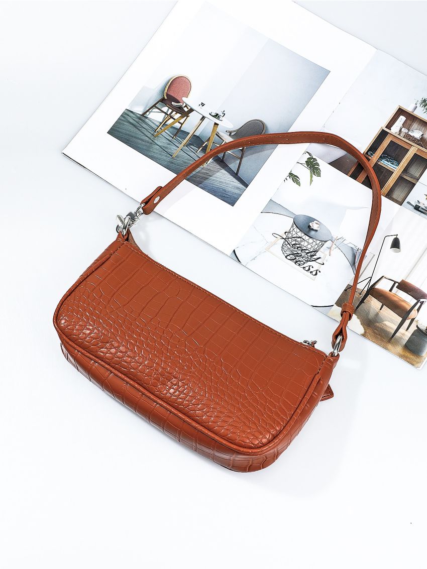 Crocodile Embossed Baguette Bag
