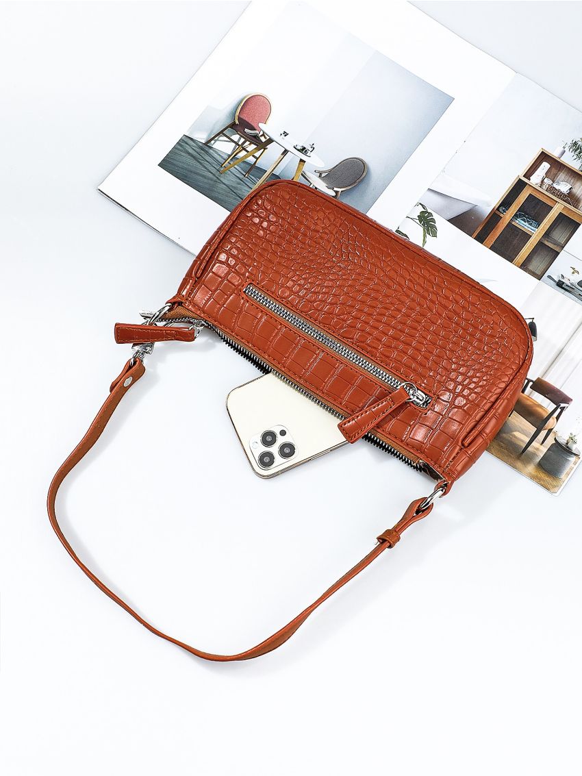 Crocodile Embossed Baguette Bag