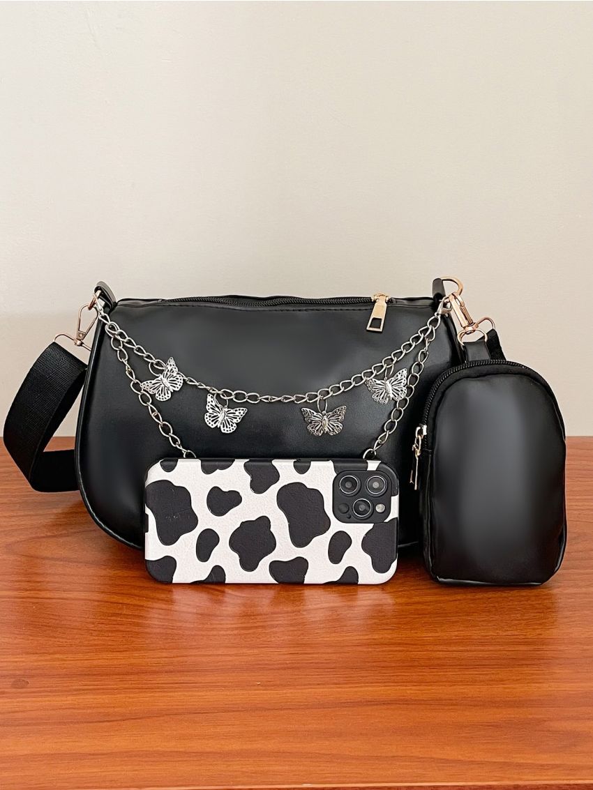Chain Decor Saddle Bag With Small Pouch