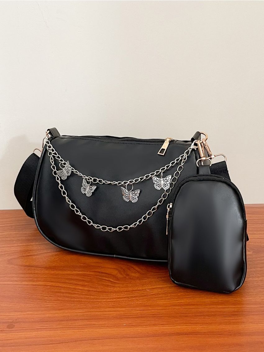 Chain Decor Saddle Bag With Small Pouch