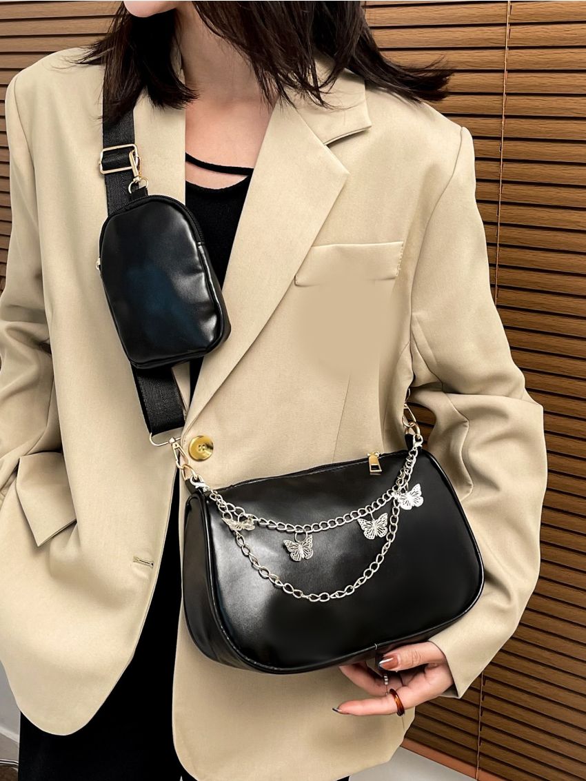 Chain Decor Saddle Bag With Small Pouch