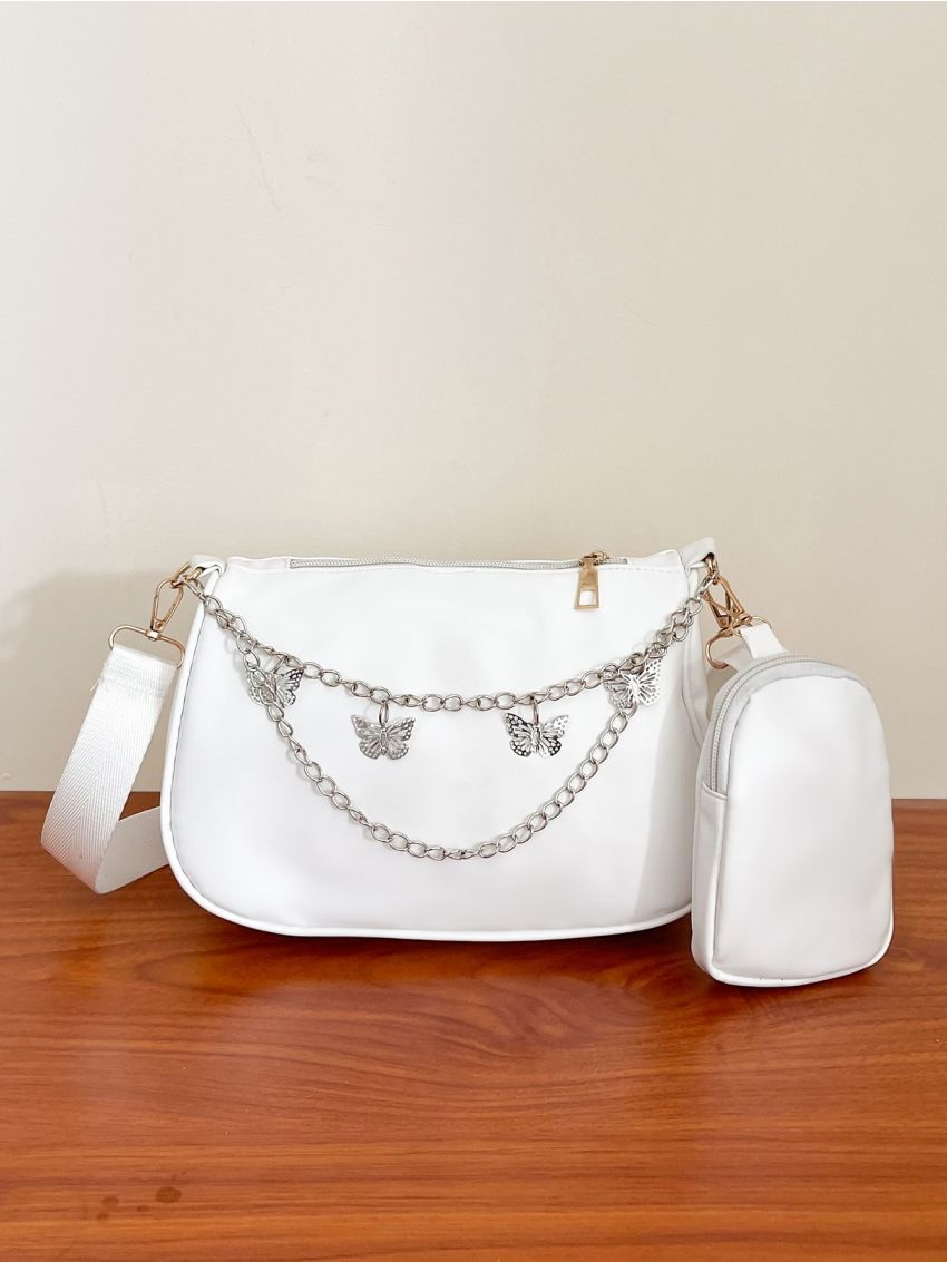 Chain Decor Saddle Bag With Small Pouch