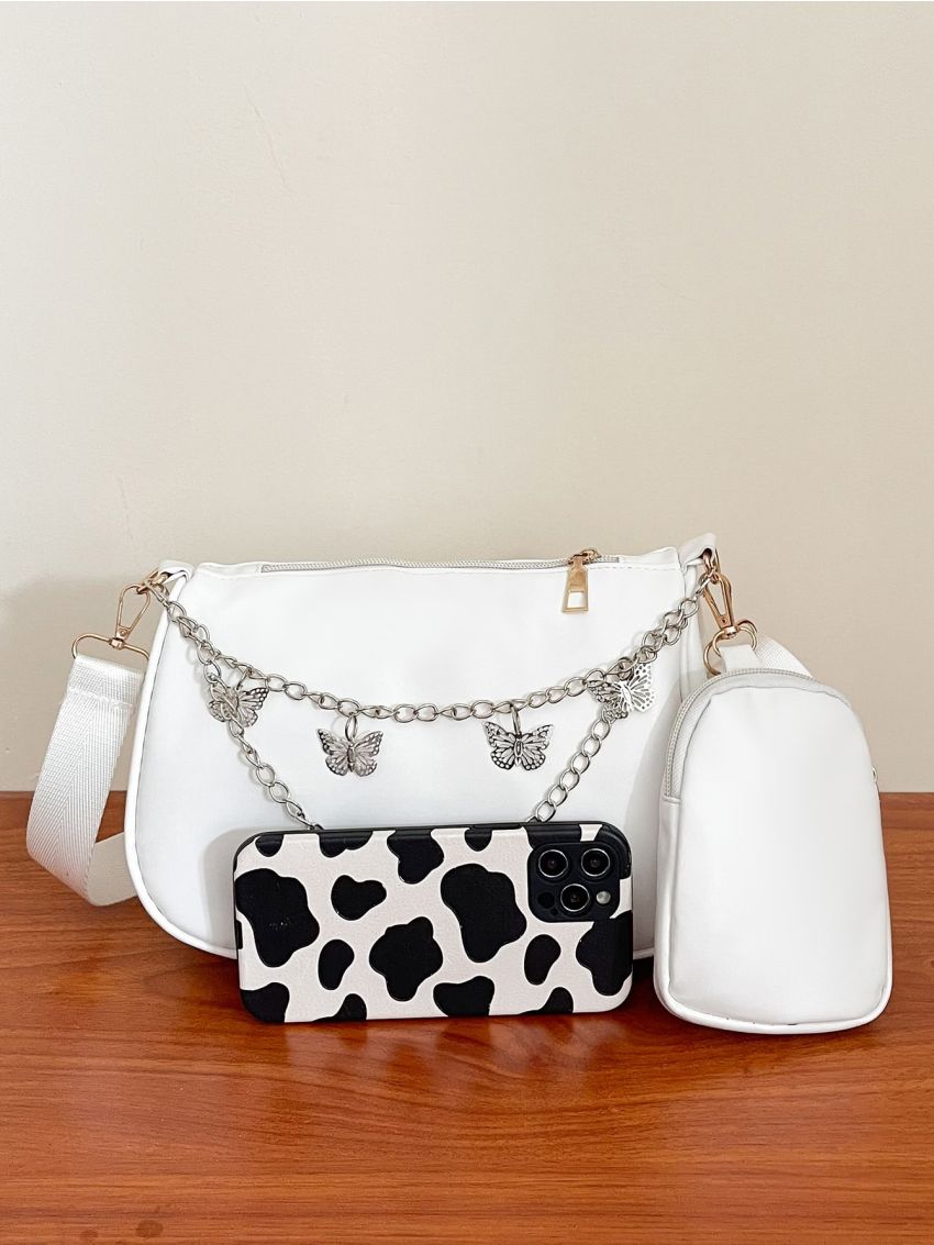 Chain Decor Saddle Bag With Small Pouch