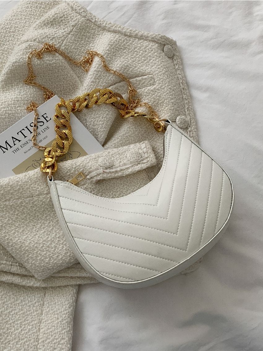 Chain Decor Chevron Baguette Bag
