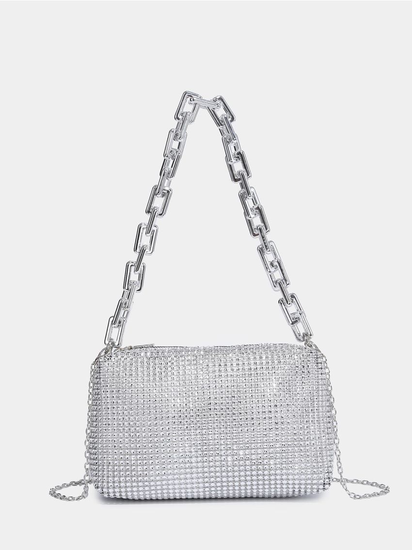 Allover Rhinestone Decor Chain Baguette Bag