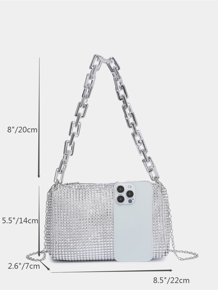 Allover Rhinestone Decor Chain Baguette Bag