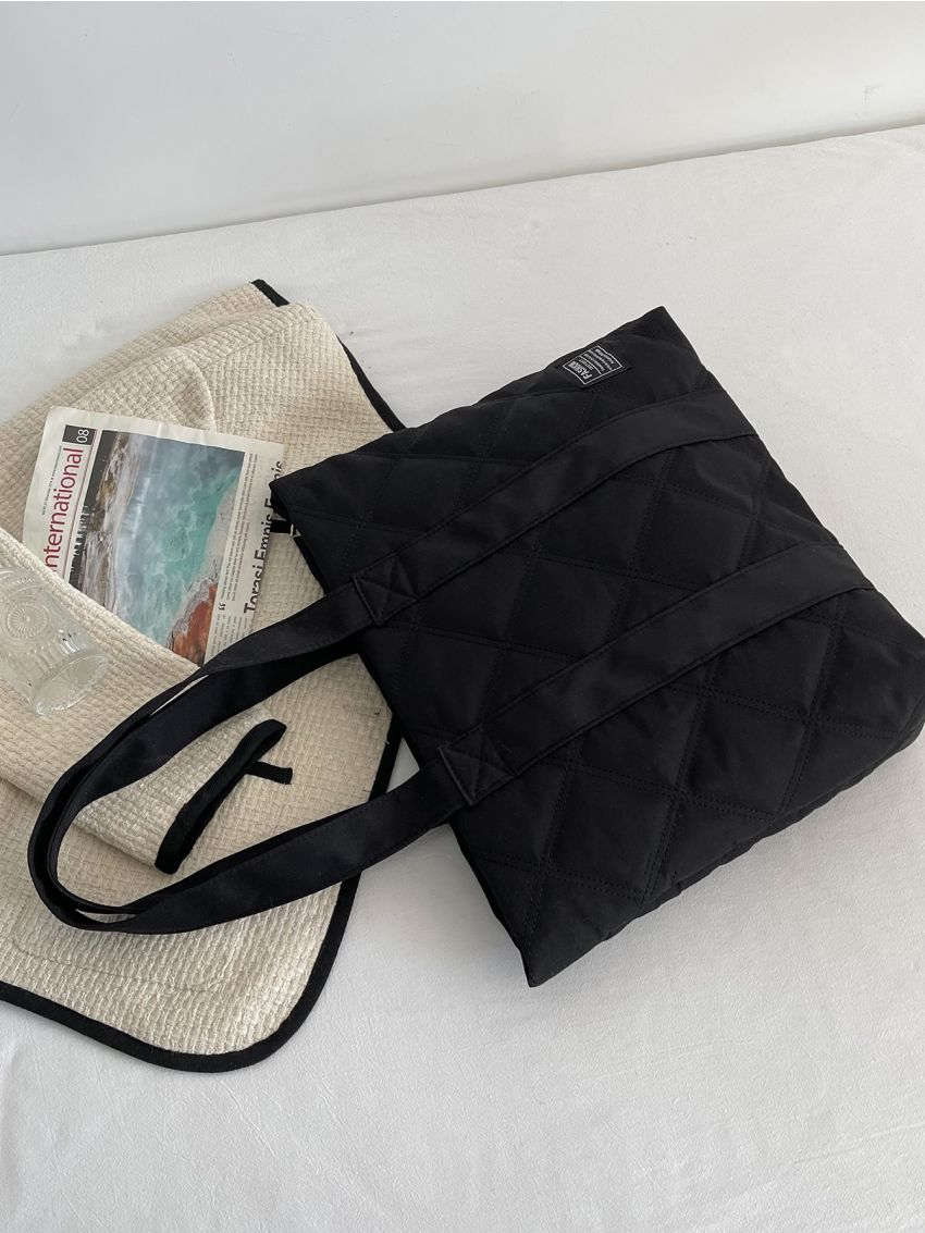 Letter Patch Decor Quilted Shoulder Tote Bag